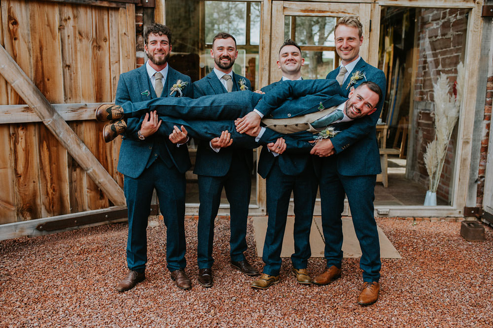 Groom Blue Suits Gold Tie Groomsmen Yellow Orange Wedding Bohemian Rose Photography