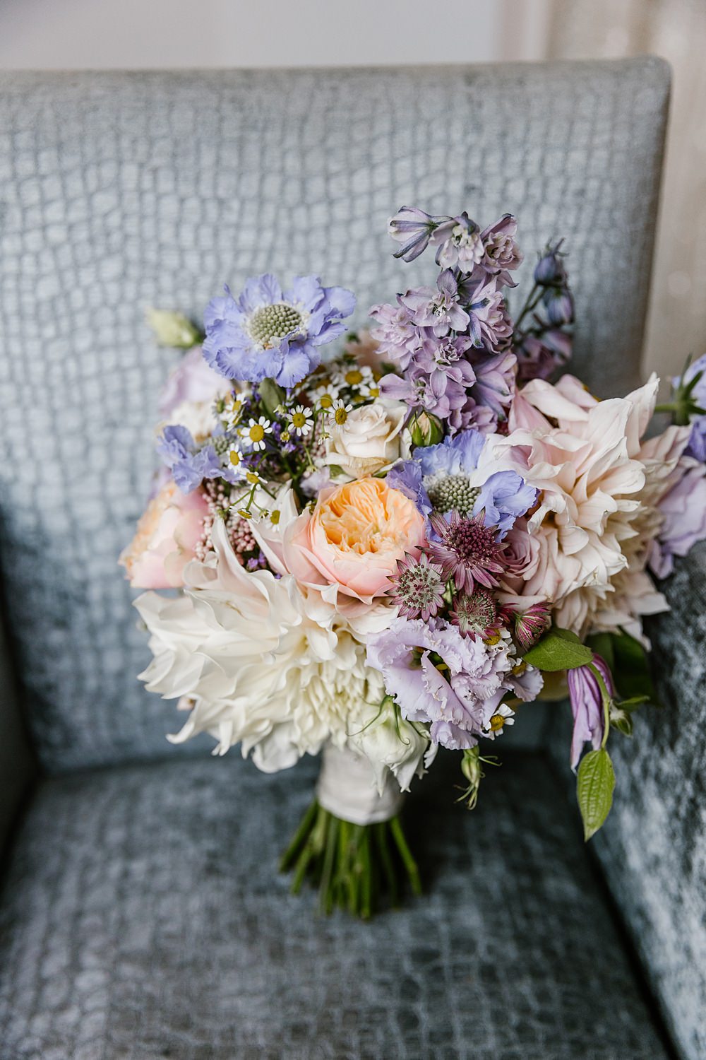 Barnston Lodge Wedding Katherine Ashdown Photography Bridal Bouquet Flowers Lilac Scabiosa Peach Rose Dahlia Daisy
