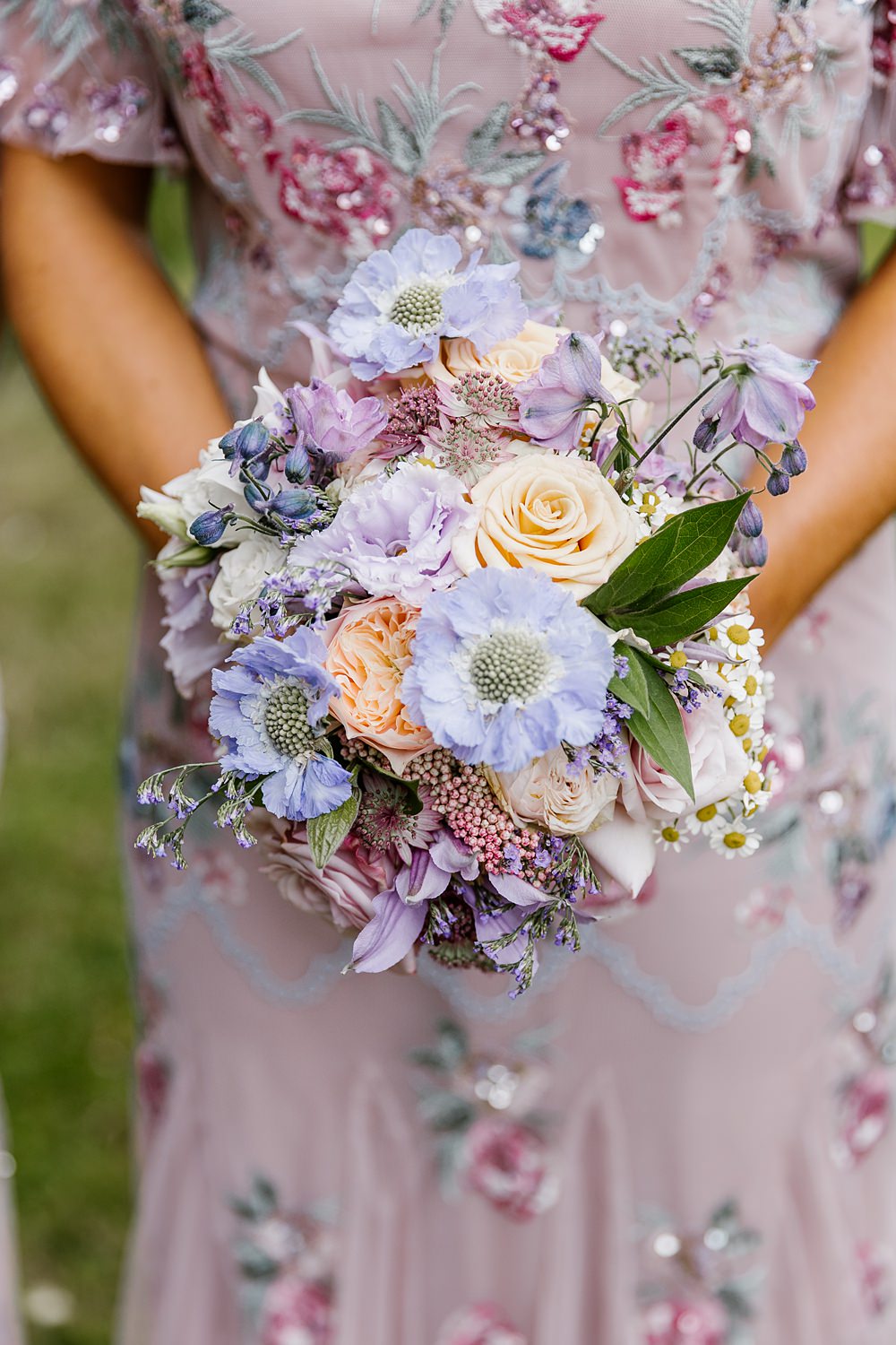 Bridal Bouquet Flowers Lilac Scabiosa Peach Rose Dahlia Daisy Bridesmaid Barnston Lodge Wedding Katherine Ashdown Photography