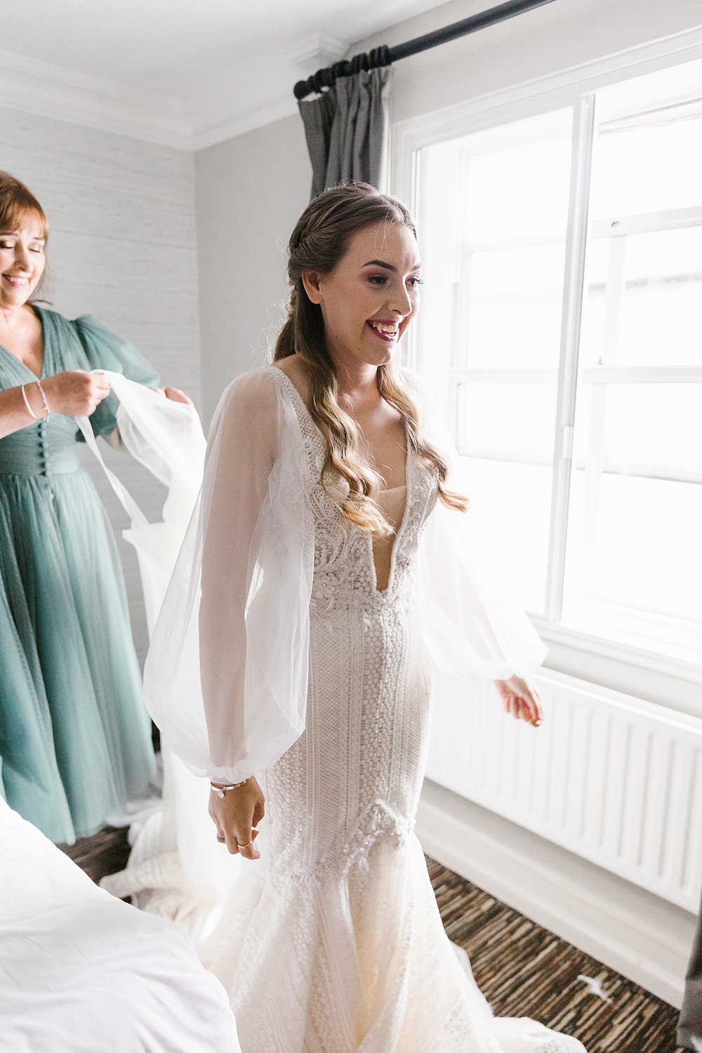 Dress Gown Bride Bridal Tulle Sleeves Wona Concept Plunge Train Barnston Lodge Wedding Katherine Ashdown Photography