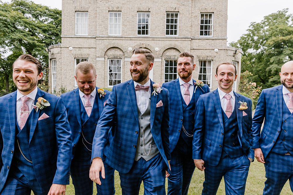 Groom Blue Check Suit Grey Waistcoat Lilac Tie Tan Shoes Groomsmen Barnston Lodge Wedding Katherine Ashdown Photography