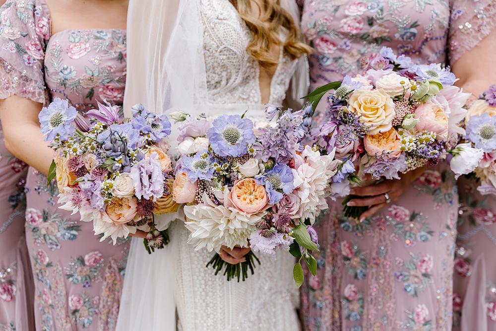 Bridal Bouquet Flowers Lilac Scabiosa Peach Rose Dahlia Daisy Bridesmaid Barnston Lodge Wedding Katherine Ashdown Photography
