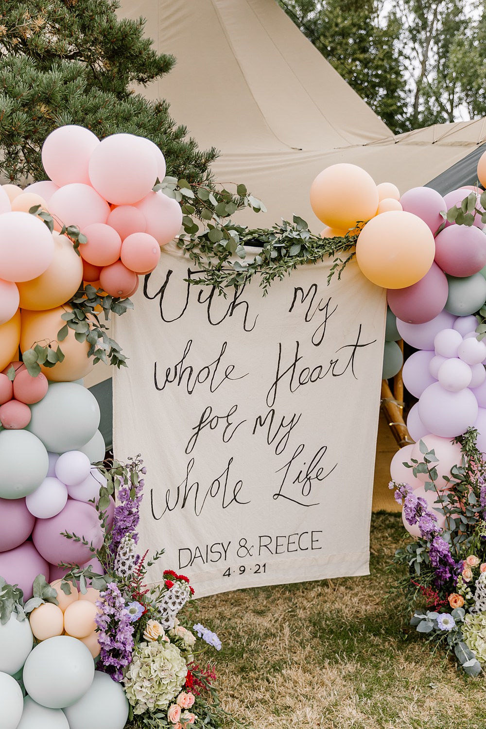 Banner Sign Welcome Tipi Balloon Arch Pink Lilac Barnston Lodge Wedding Katherine Ashdown Photography