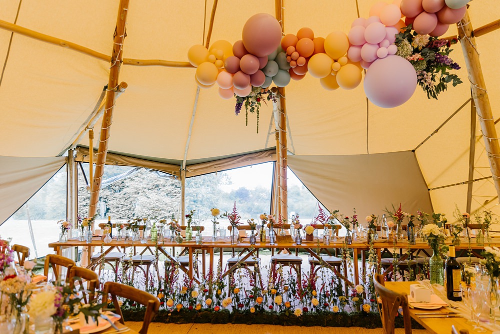 Tipi Balloon Decor Bottle Flowers Long Tables Barnston Lodge Wedding Katherine Ashdown Photography