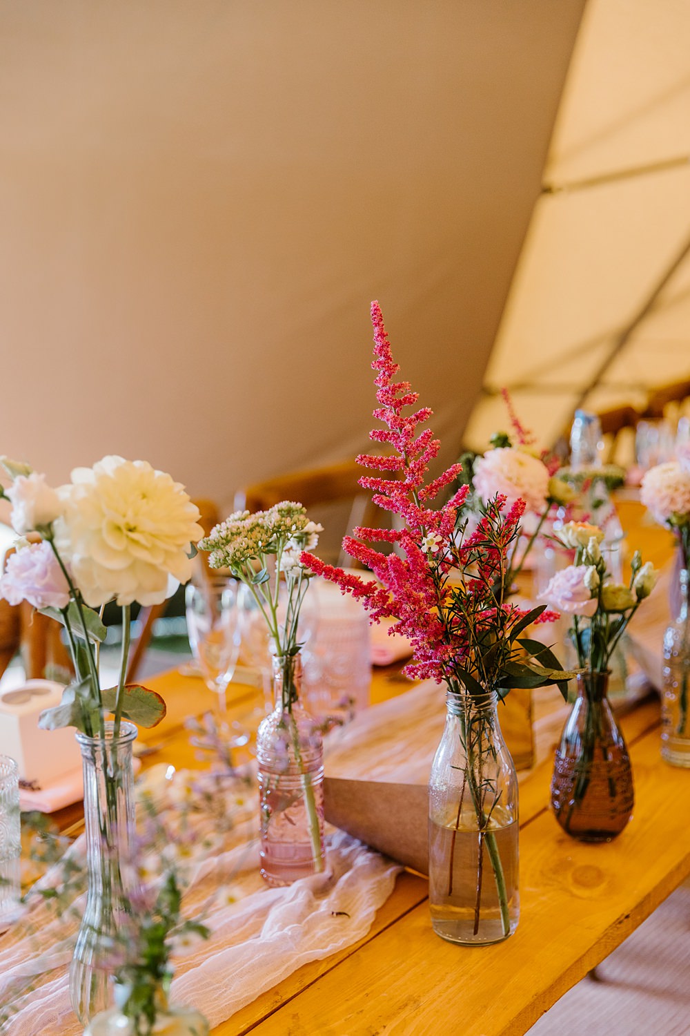 Bottle Flowers Table Bud Vase Pink Runner Barnston Lodge Wedding Katherine Ashdown Photography