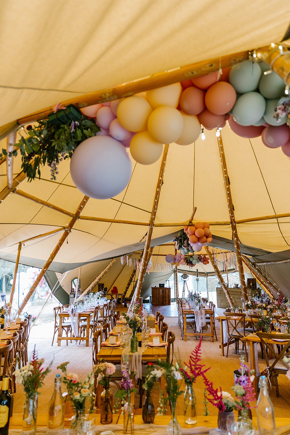 Tipi Balloon Decor Bottle Flowers Long Tables Barnston Lodge Wedding Katherine Ashdown Photography