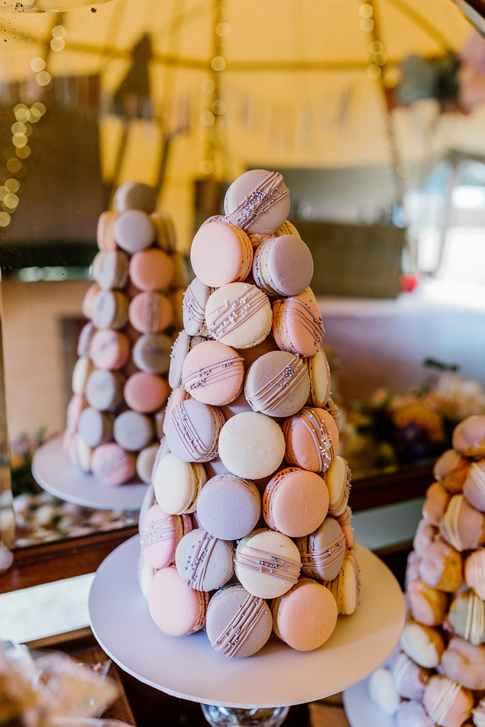 Lilac Pink Macaron Tower Cake Barnston Lodge Wedding Katherine Ashdown Photography