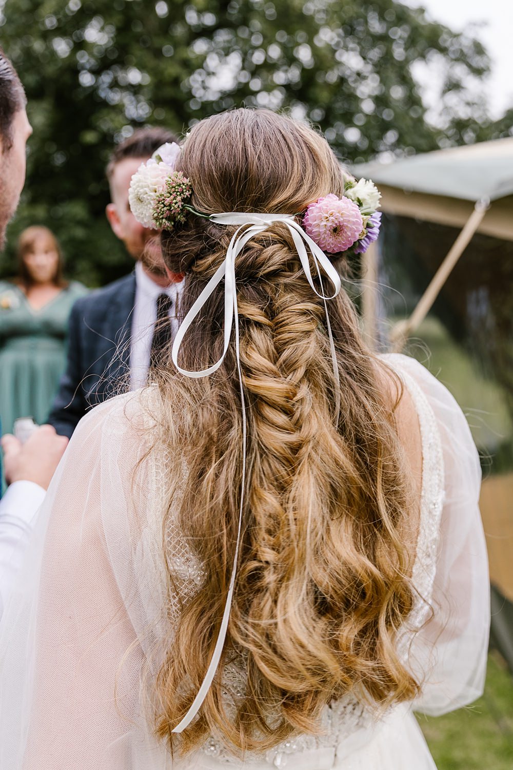 Bridal Hairstyle Half Up Down Plait Braid Flower Crown Barnston Lodge Wedding Katherine Ashdown Photography