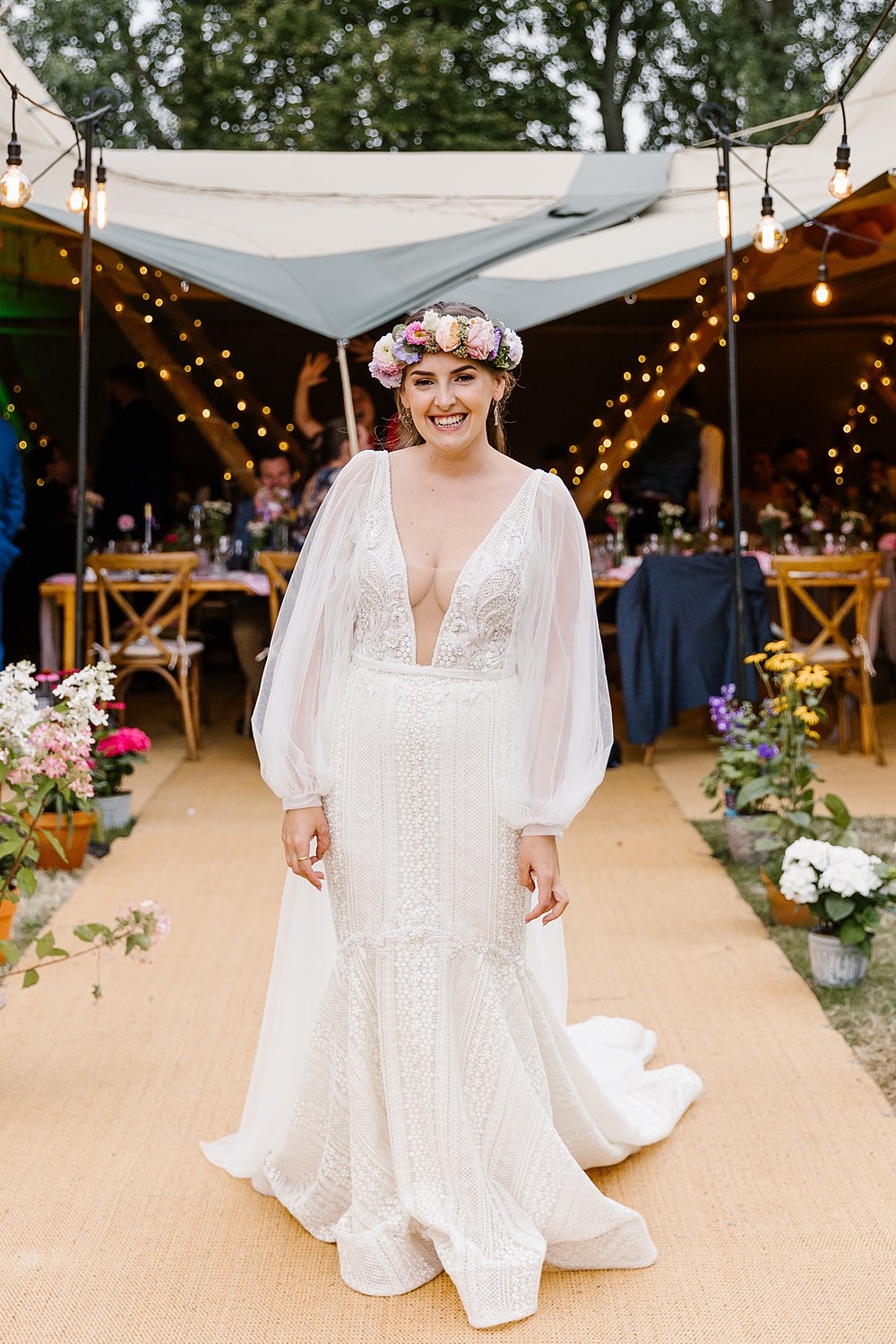 Dress Gown Bride Bridal Tulle Sleeves Wona Concept Plunge Train Barnston Lodge Wedding Katherine Ashdown Photography