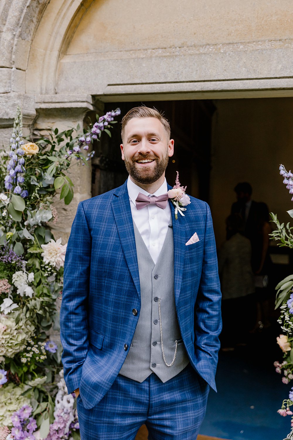 Groom Blue Check Suit Grey Waistcoat Lilac Tie Barnston Lodge Wedding Katherine Ashdown Photography