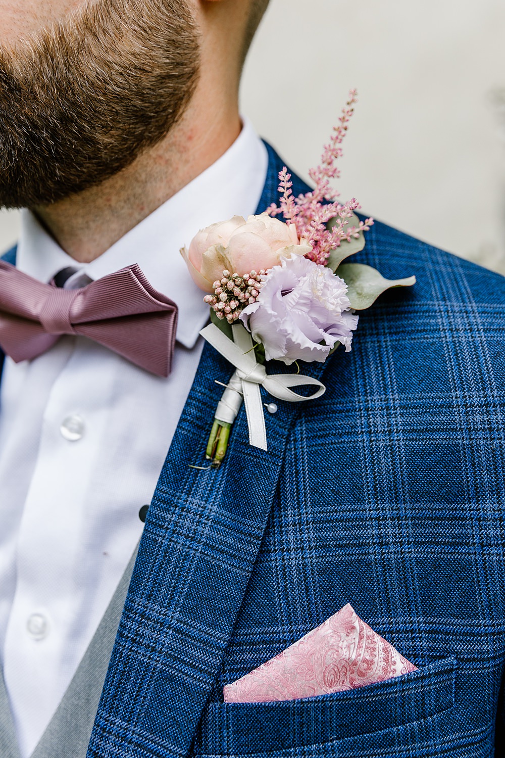Groom Buttonhole Flowers Lilac Rose Pink Astilbe Barnston Lodge Wedding Katherine Ashdown Photography