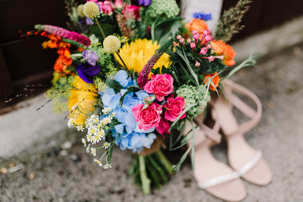 Colourful Flowers Bridal Bouquet Daisy Hydrangea Rose Sunflower Bashall Barn Wedding Rachel Kenyon Photography