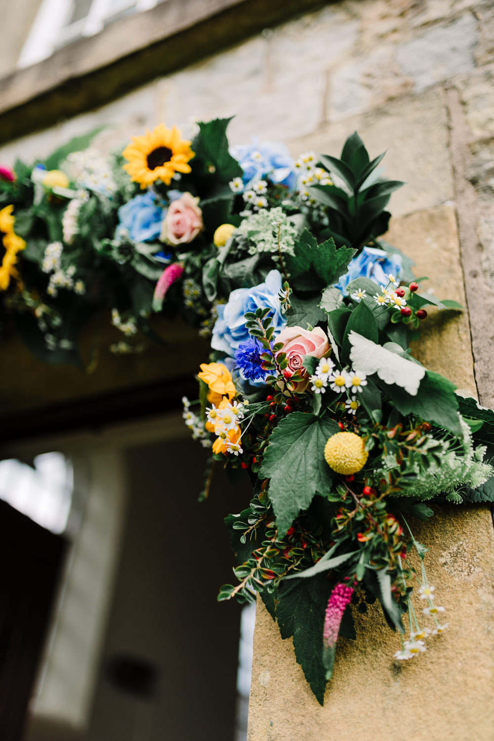 Church Flowers Door Decoration Daisy Hydrangea Rose Sunflower Bashall Barn Wedding Rachel Kenyon Photography