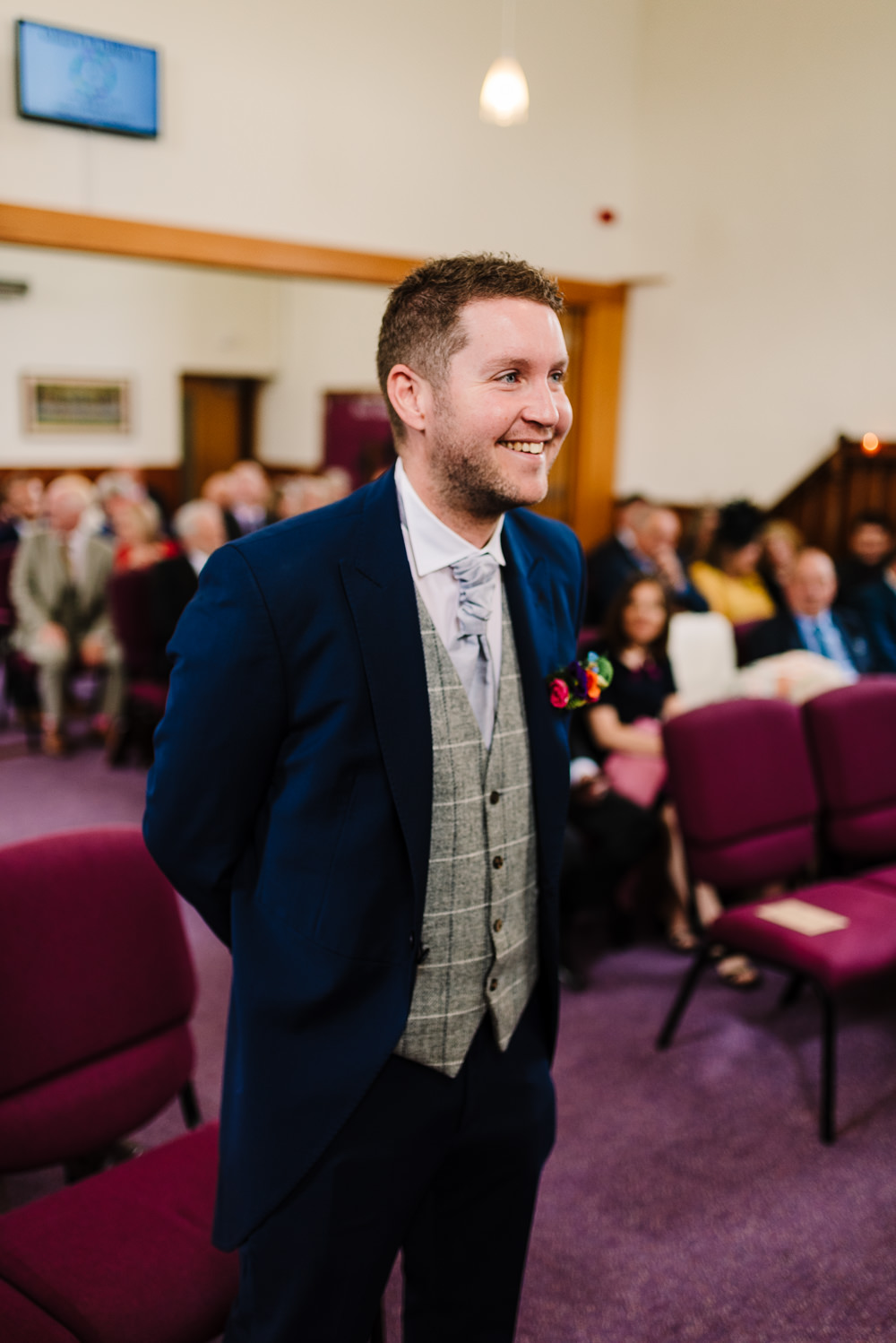Groom Suit Navy Tails Check Waistcoat Bashall Barn Wedding Rachel Kenyon Photography