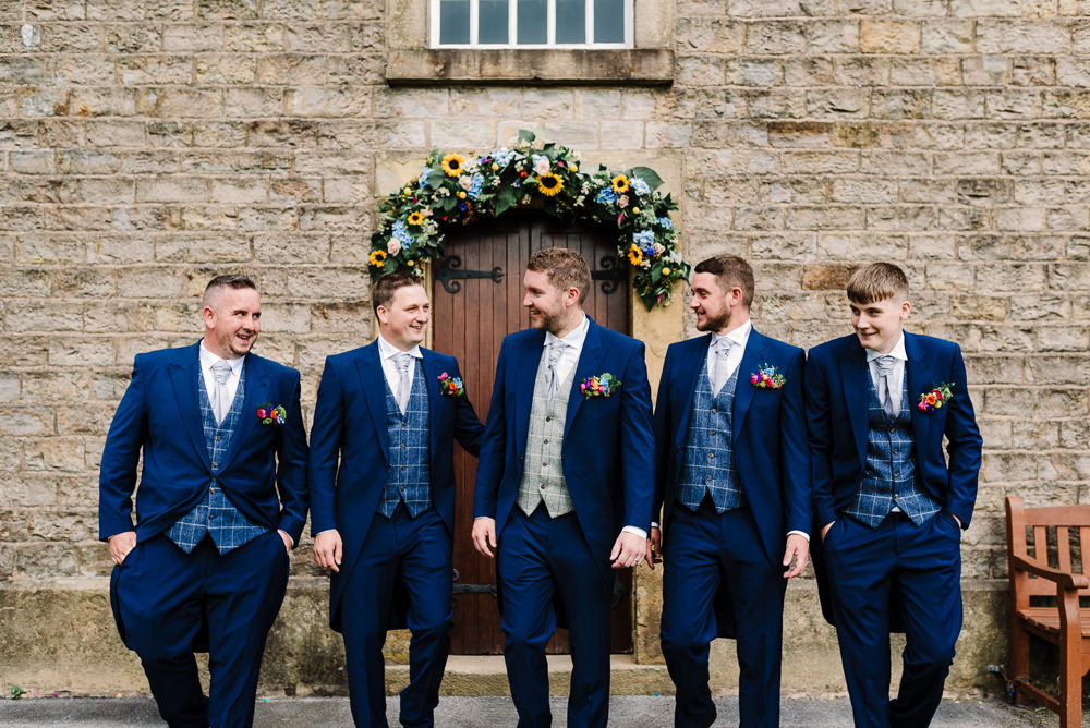 Groom Suit Navy Tails Check Waistcoat Groomsmen Bashall Barn Wedding Rachel Kenyon Photography