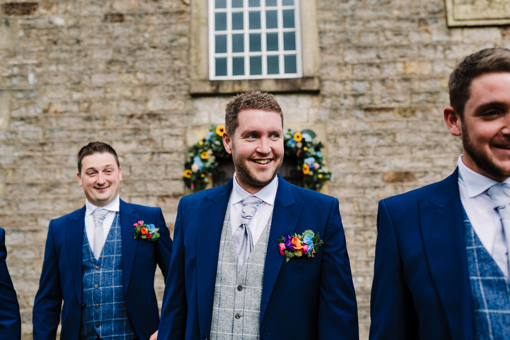 Groom Suit Navy Tails Check Waistcoat Bashall Barn Wedding Rachel Kenyon Photography