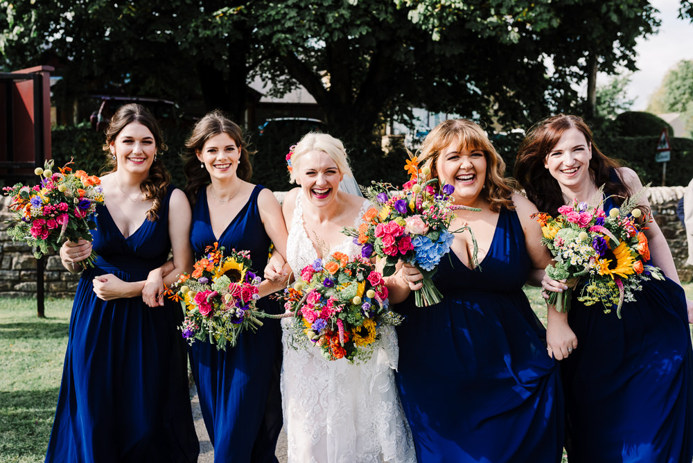 Navy Bridesmaid Dresses Colourful Bouquets Bashall Barn Wedding Rachel Kenyon Photography