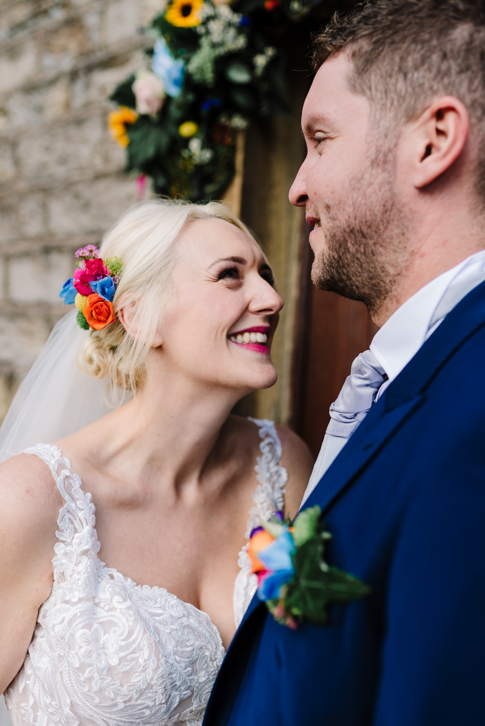 Colourful Flowers Bridal Hairpiece Bashall Barn Wedding Rachel Kenyon Photography