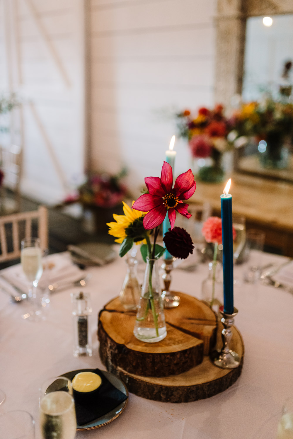 Wedding Flower Candle Wood Table Decoration Centrepiece Dahlia Bashall Barn Wedding Rachel Kenyon Photography