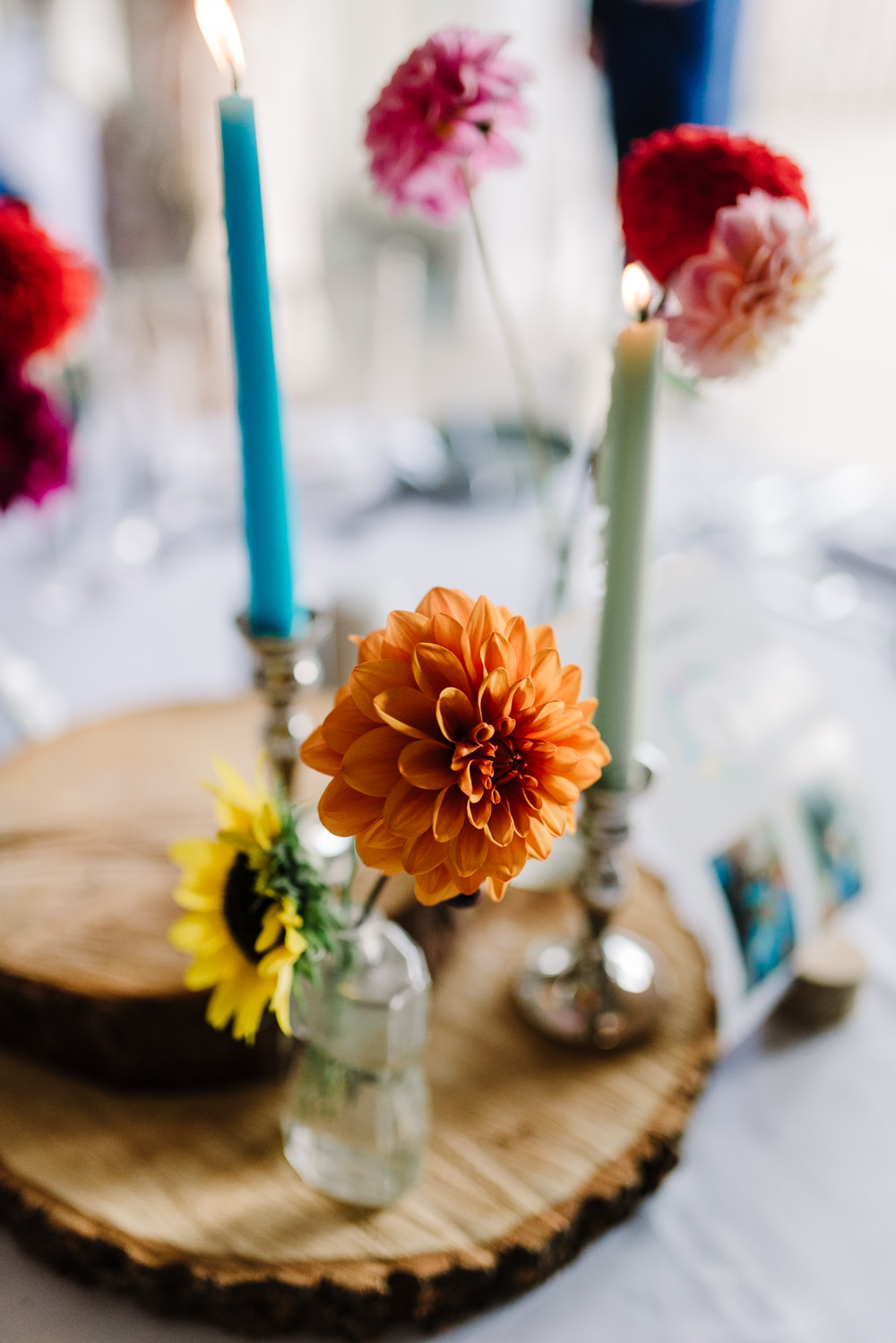 Flower Candle Wedding Decoration Centrepiece Dahlia Wood Slice Bashall Barn Wedding Rachel Kenyon Photography