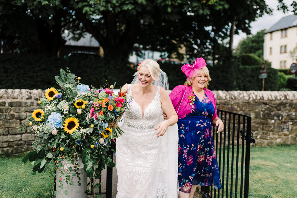 Sunflowers Wildflowers Milk Urn Bashall Barn Wedding Rachel Kenyon Photography