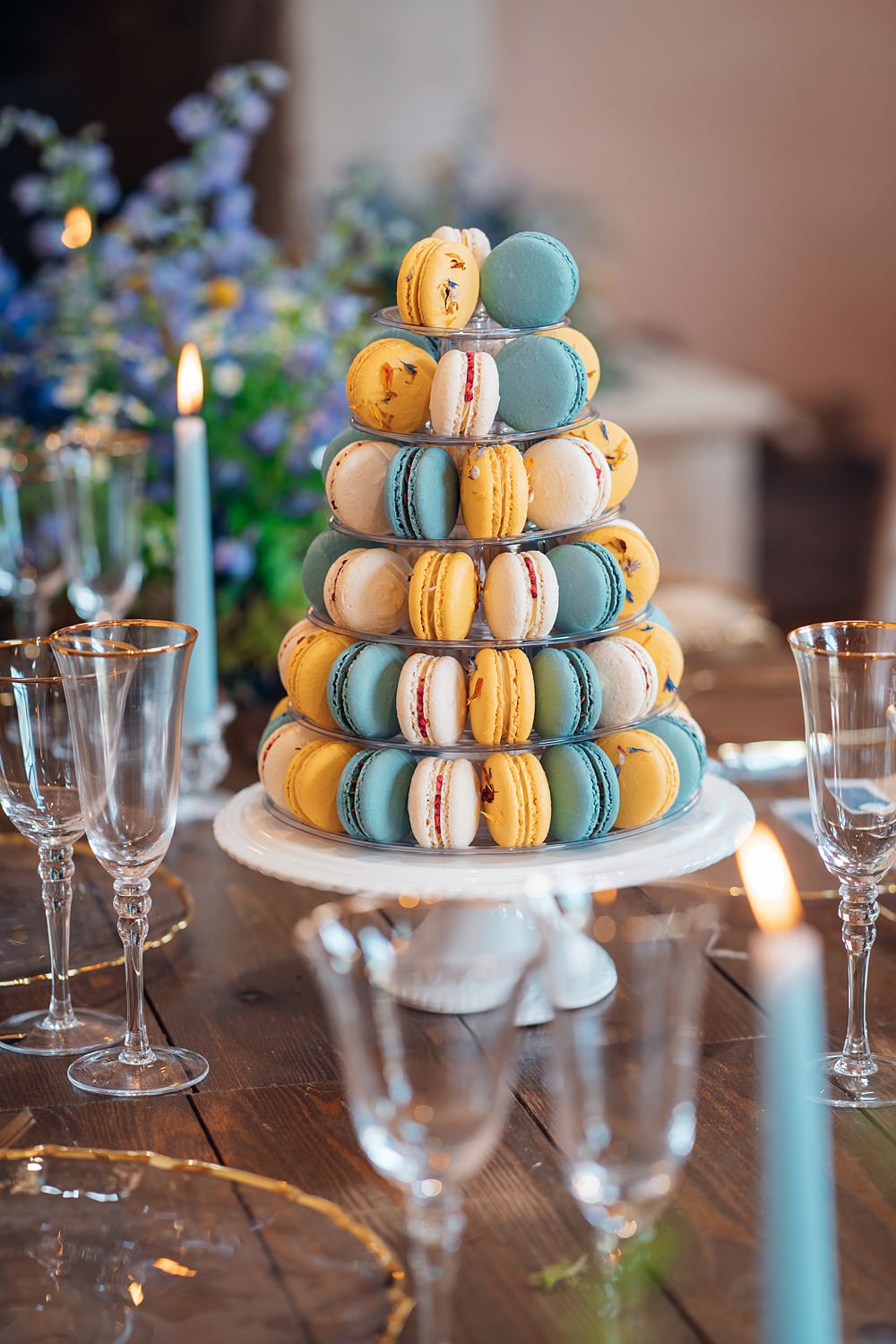 Macraon Tower Cake Blue Yellow Wedding Ideas EmilyCollettPhotography