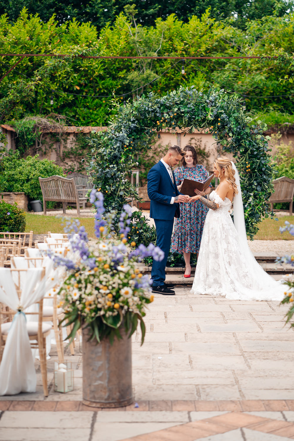 Greenery Hoop Moon Gate Greenery Flower Arch Ceremony Blue Yellow Wedding Ideas EmilyCollettPhotography