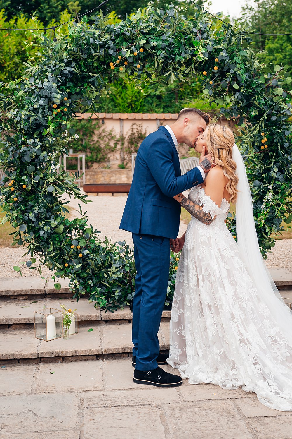 Greenery Hoop Moon Gate Greenery Flower Arch Ceremony Blue Yellow Wedding Ideas EmilyCollettPhotography