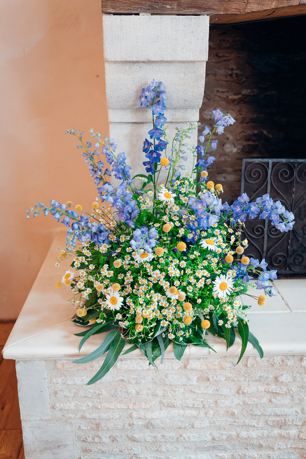 Craspedia Daisies Delphiniums Flower Arrangement Blue Yellow Wedding Ideas EmilyCollettPhotography