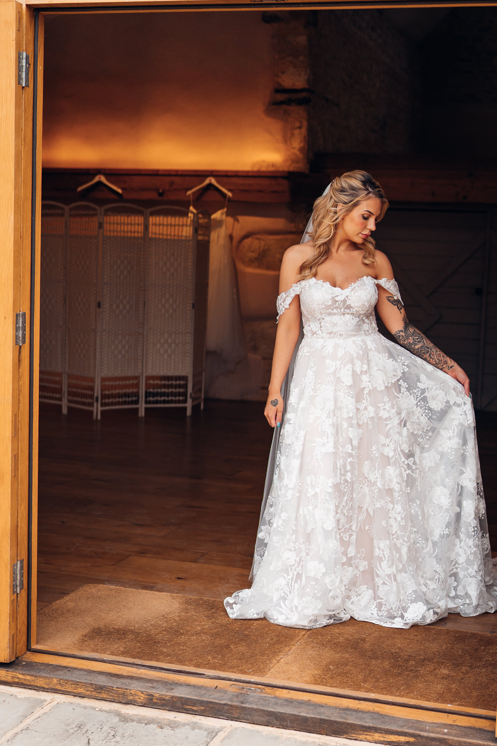 Dress Gown Bride Bridal Lace Off Shoulder Blue Yellow Wedding Ideas EmilyCollettPhotography