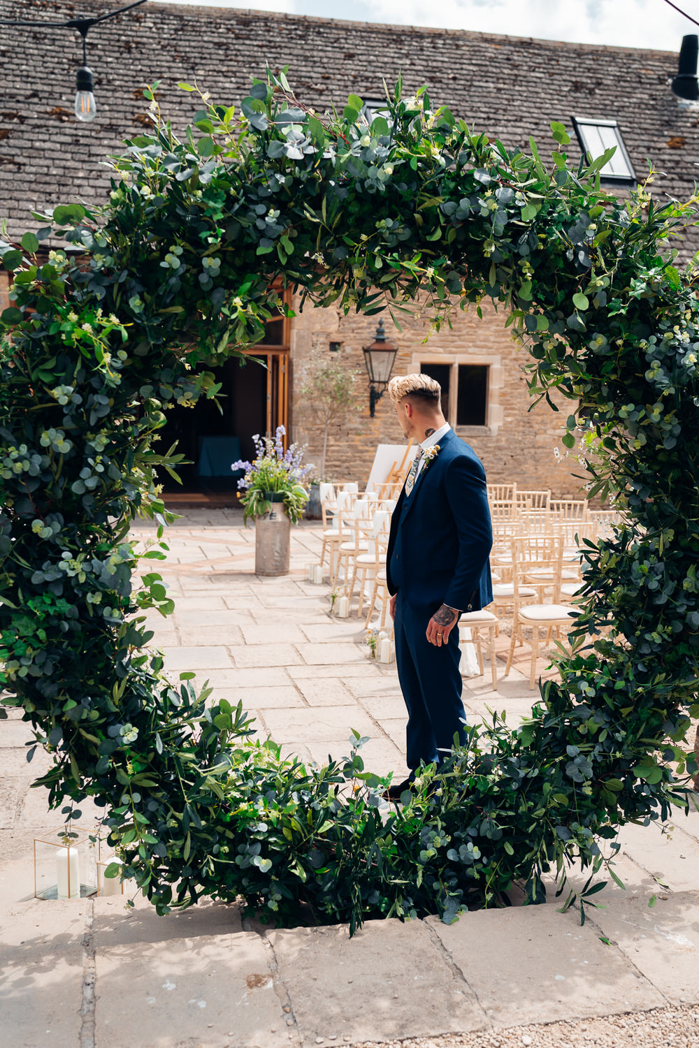 Greenery Hoop Moon Gate Greenery Flower Arch Ceremony Blue Yellow Wedding Ideas EmilyCollettPhotography