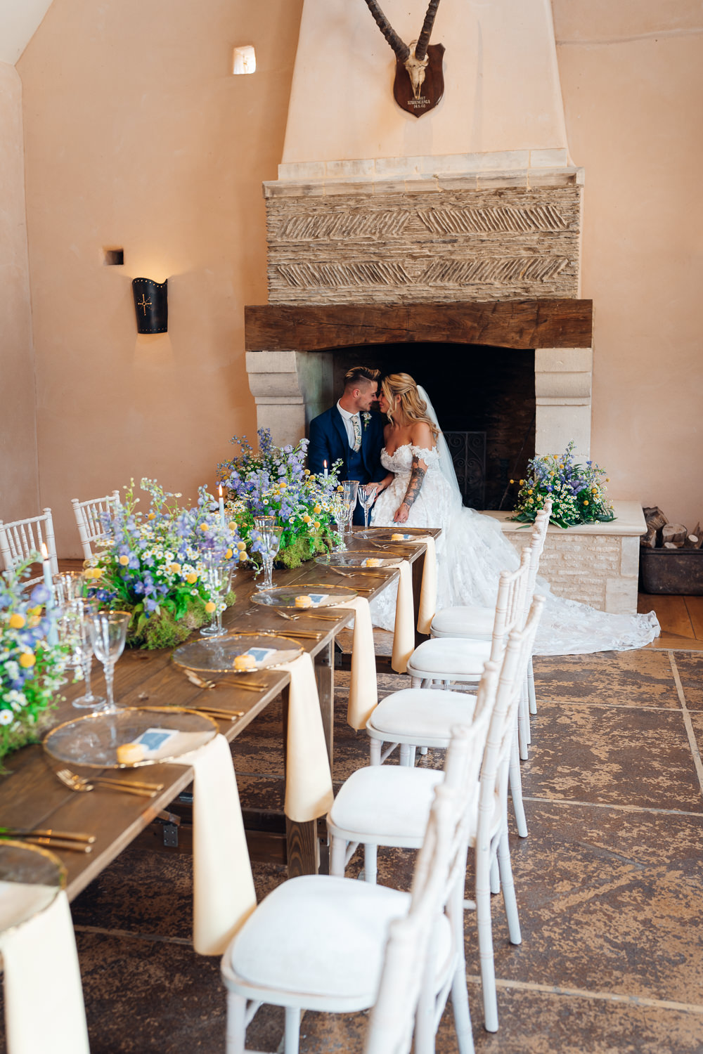 Long Table Flowers Napkins Candles Decor Blue Yellow Wedding Ideas EmilyCollettPhotography