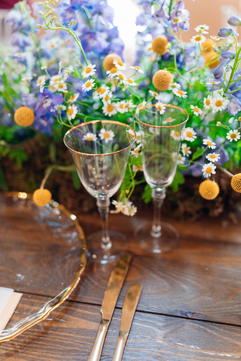 Gold Glass Plate Cutlery Place Setting Blue Yellow Wedding Ideas EmilyCollettPhotography
