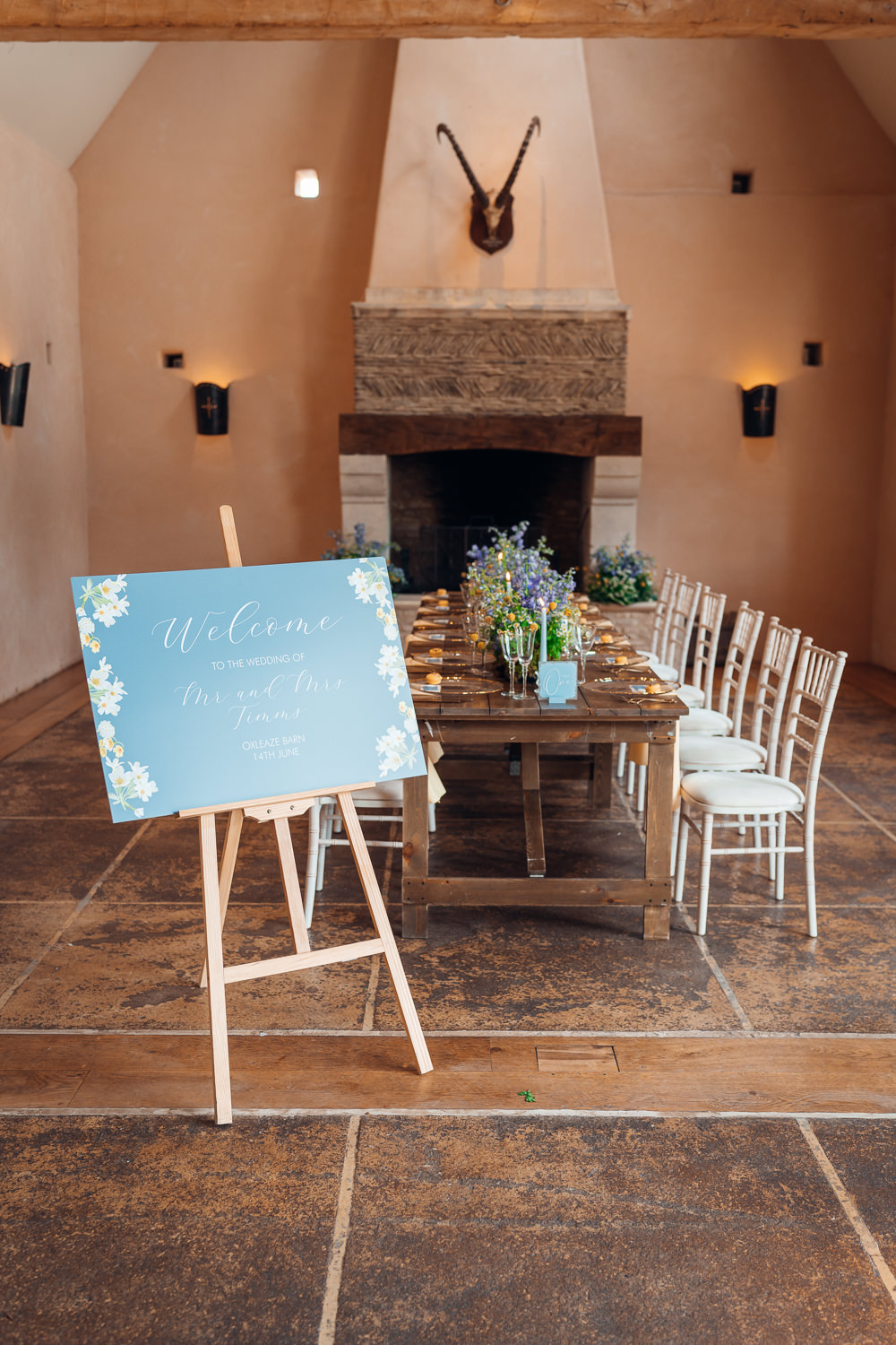 Long Table Flowers Napkins Candles Decor Blue Yellow Wedding Ideas EmilyCollettPhotography
