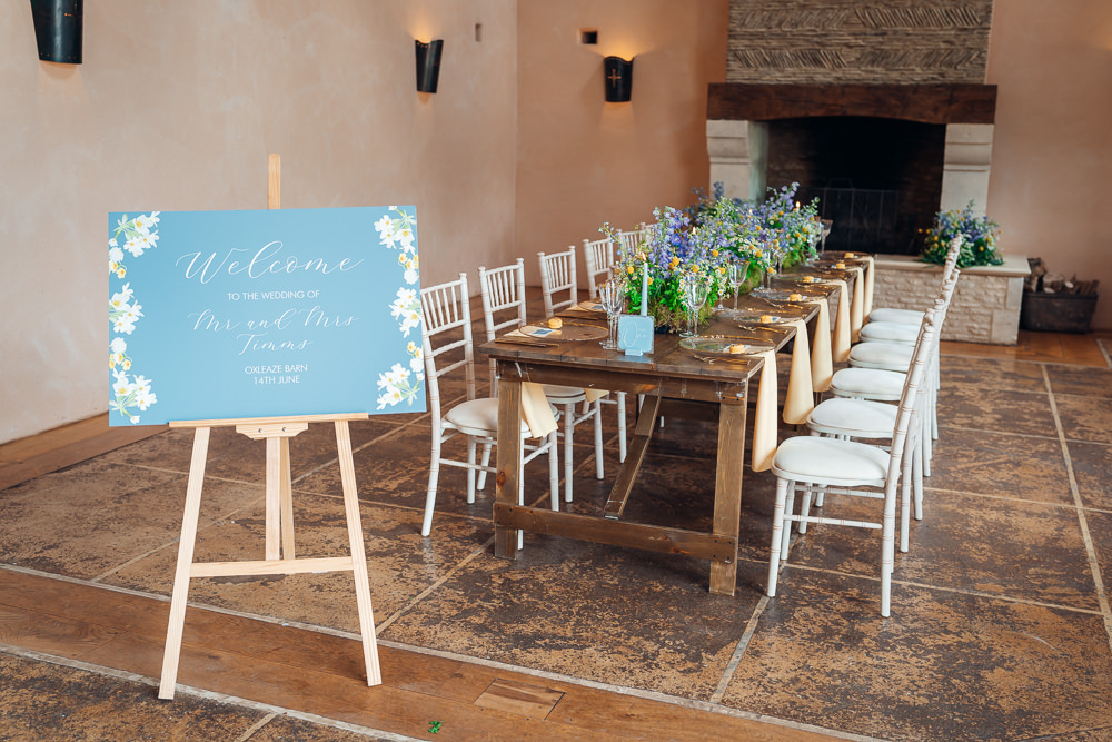 Long Table Flowers Napkins Candles Decor Blue Yellow Wedding Ideas EmilyCollettPhotography