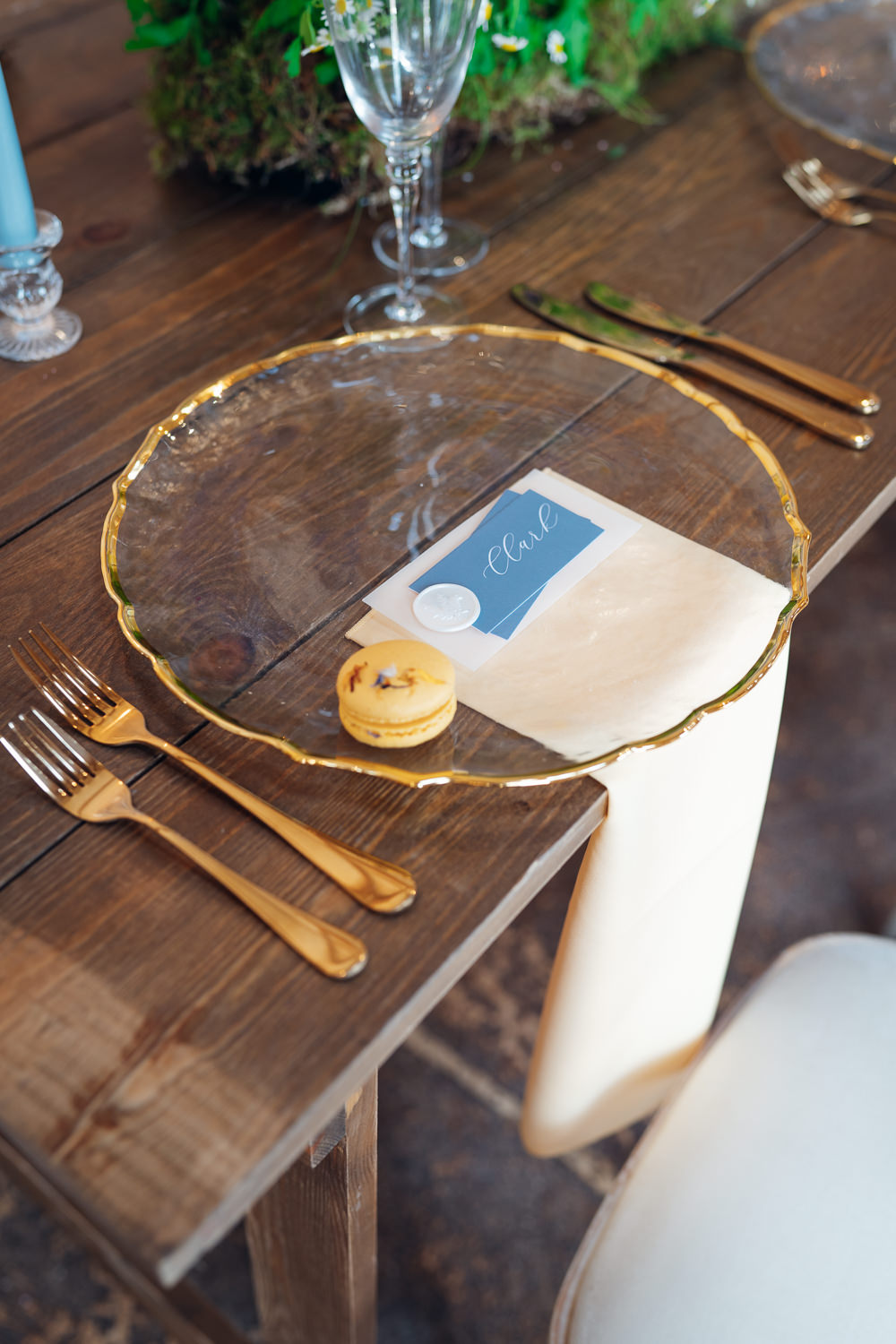 Gold Glass Plate Cutlery Place Setting Blue Yellow Wedding Ideas EmilyCollettPhotography