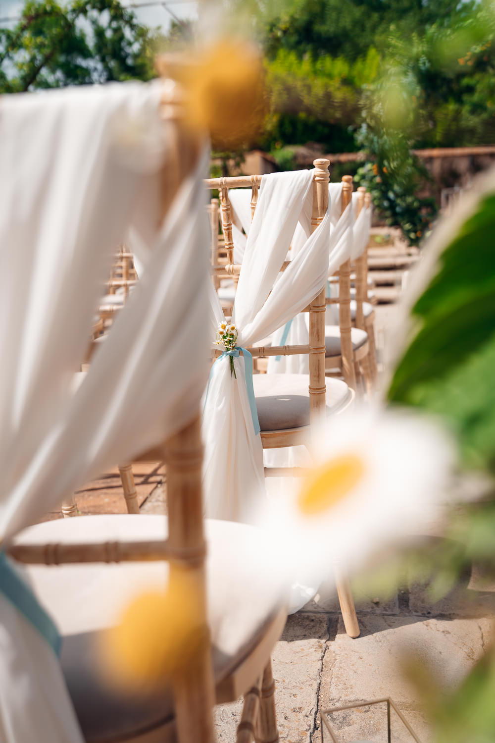 Chair Sash Daisy Blue Yellow Wedding Ideas EmilyCollettPhotography