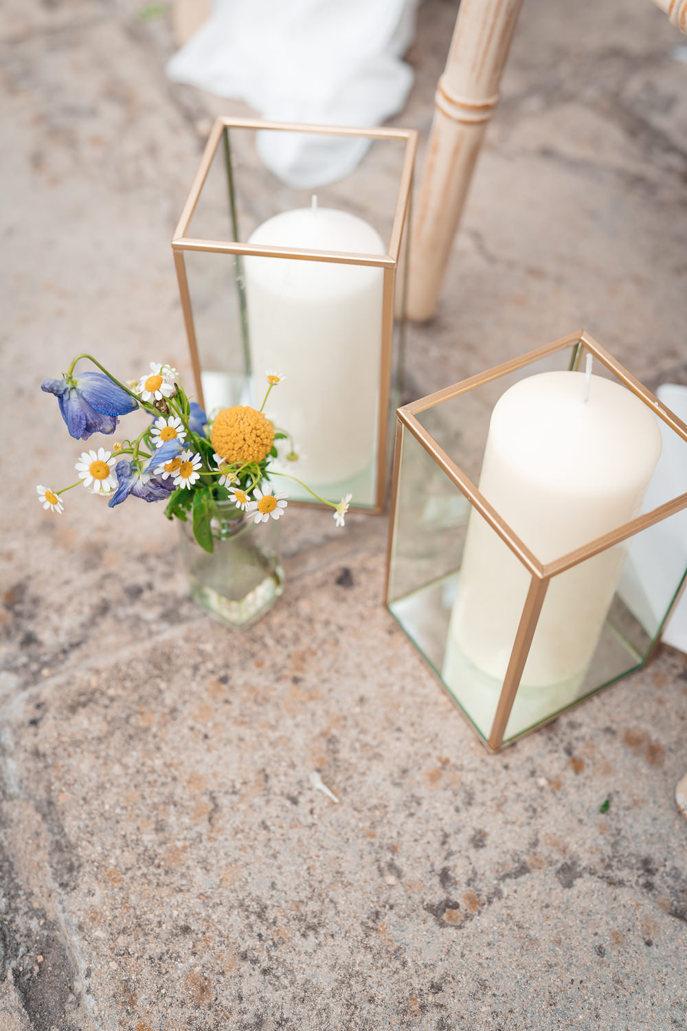 Pew End Aisle Candles Flowers Blue Yellow Wedding Ideas EmilyCollettPhotography