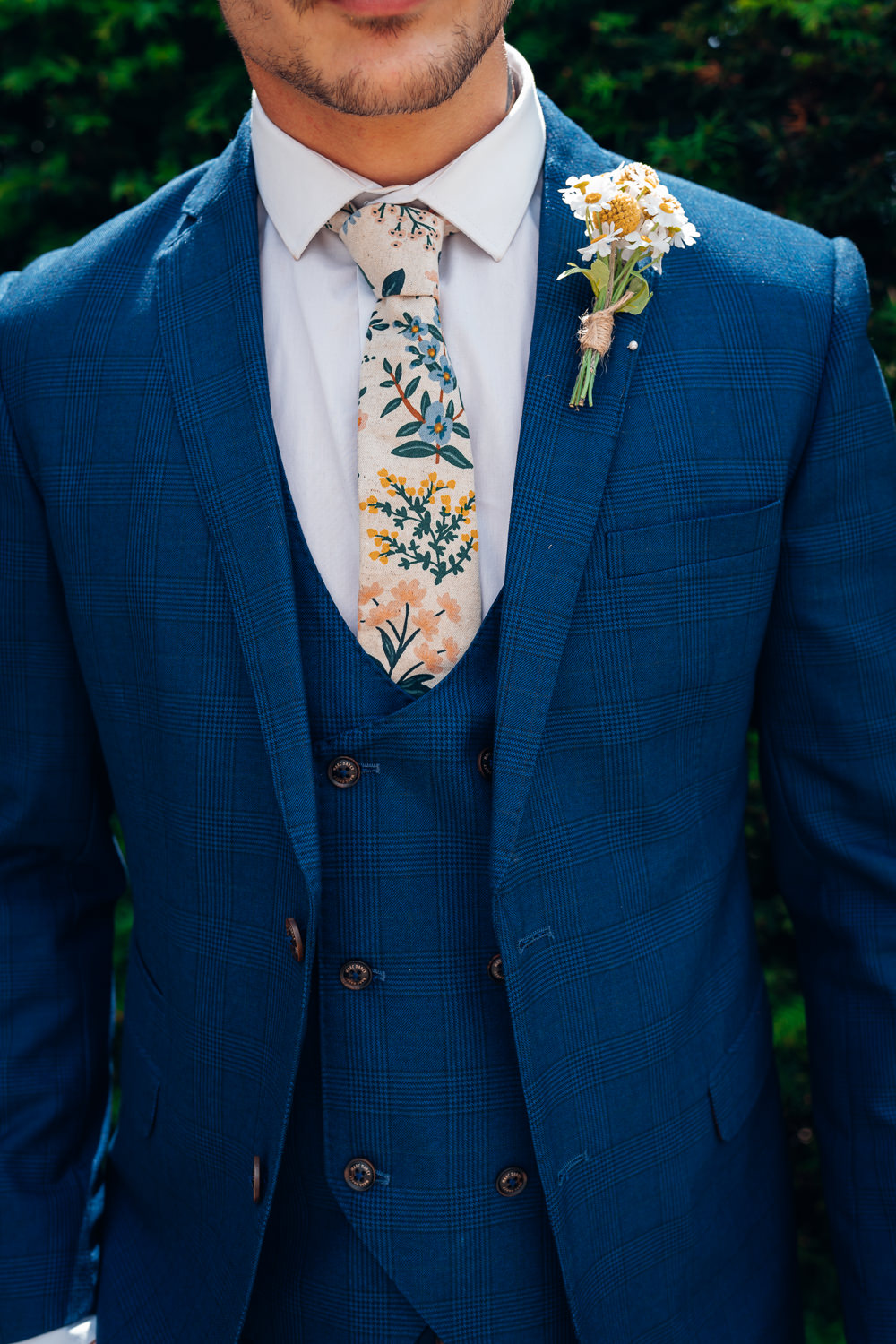 Groom Blue Suit Floral Tie Buttonhole Daisy Blue Yellow Wedding Ideas EmilyCollettPhotography