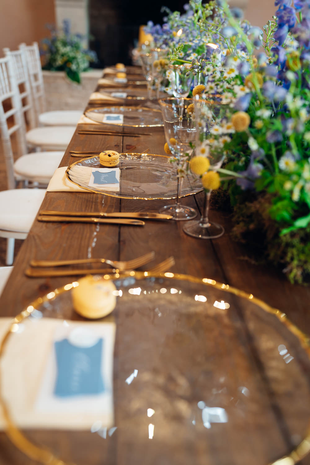 Gold Glass Plate Cutlery Place Setting Blue Yellow Wedding Ideas EmilyCollettPhotography
