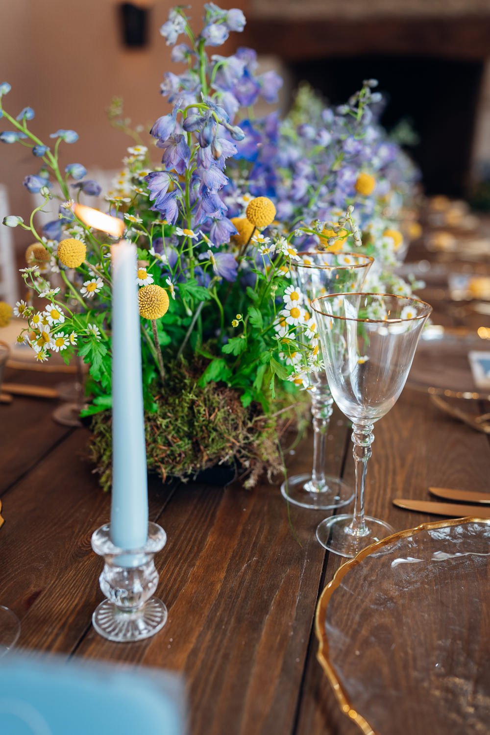 Craspedia Daisies Delphiniums Table Flower Centrepiece Candles Blue Yellow Wedding Ideas EmilyCollettPhotography