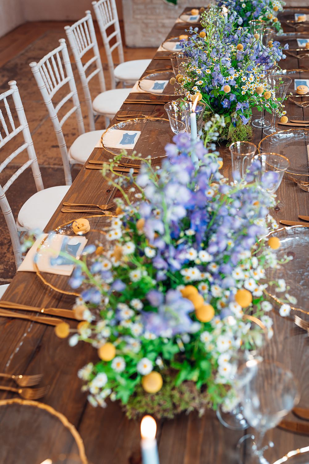 Table Flowers Craspedia Daisies Delphiniums Blue Yellow Wedding Ideas EmilyCollettPhotography