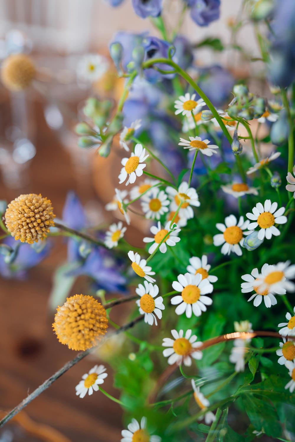 Craspedia Daisies Delphiniums Table Flowers Blue Yellow Wedding Ideas EmilyCollettPhotography