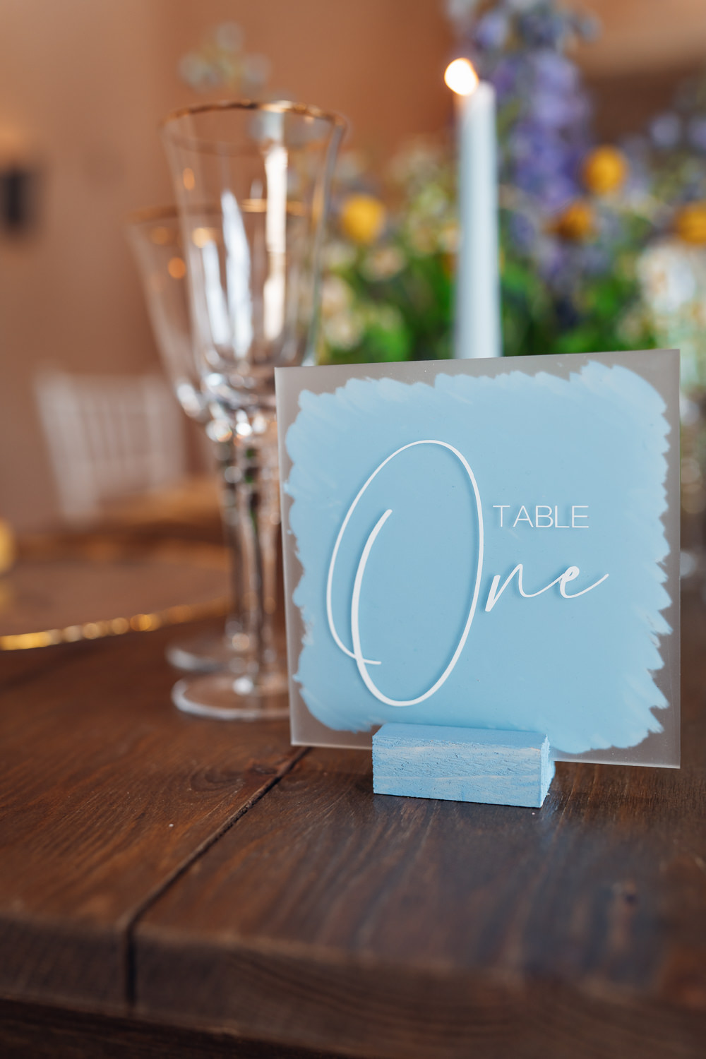 Acrylic Painted Table Number Sign Blue Yellow Wedding Ideas EmilyCollettPhotography
