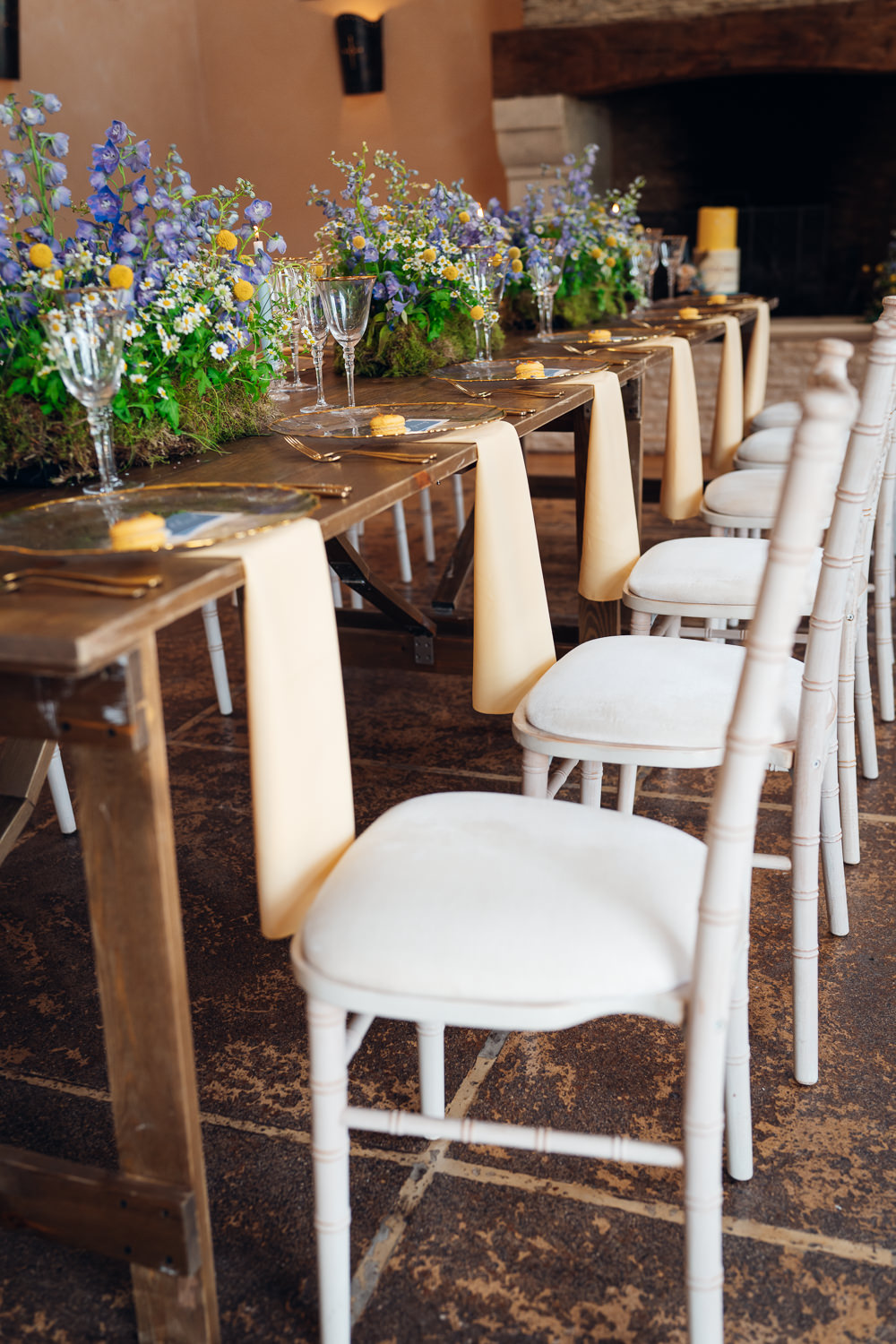 Long Table Flowers Napkins Candles Decor Blue Yellow Wedding Ideas EmilyCollettPhotography