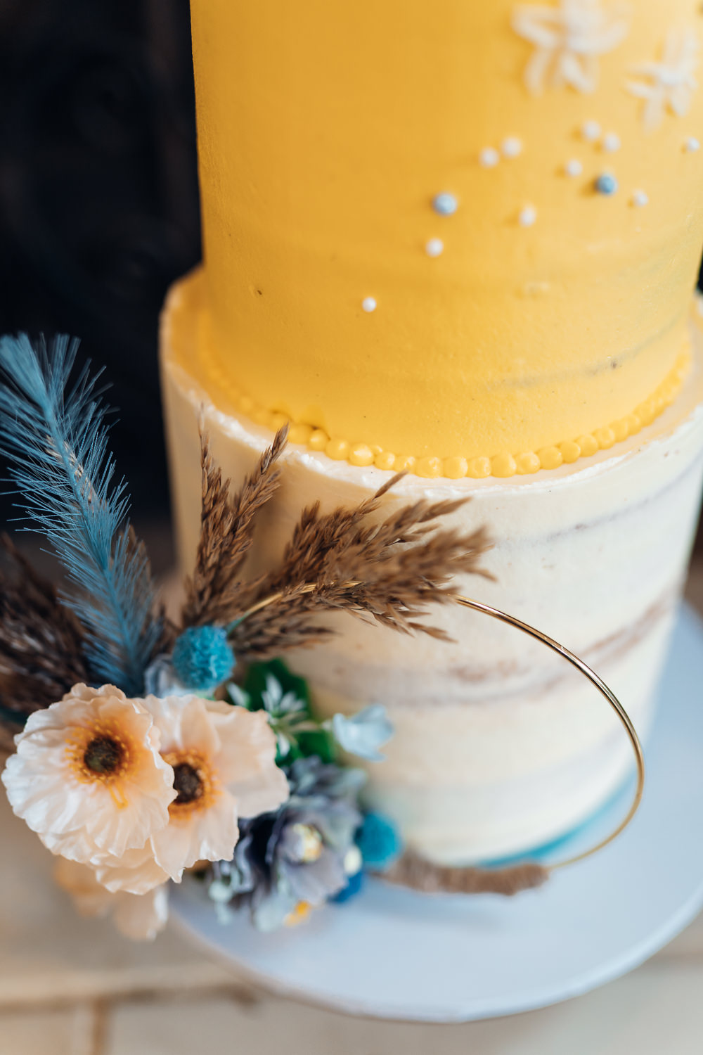 Iced Cake Hoop Flowers Decor Blue Yellow Wedding Ideas EmilyCollettPhotography
