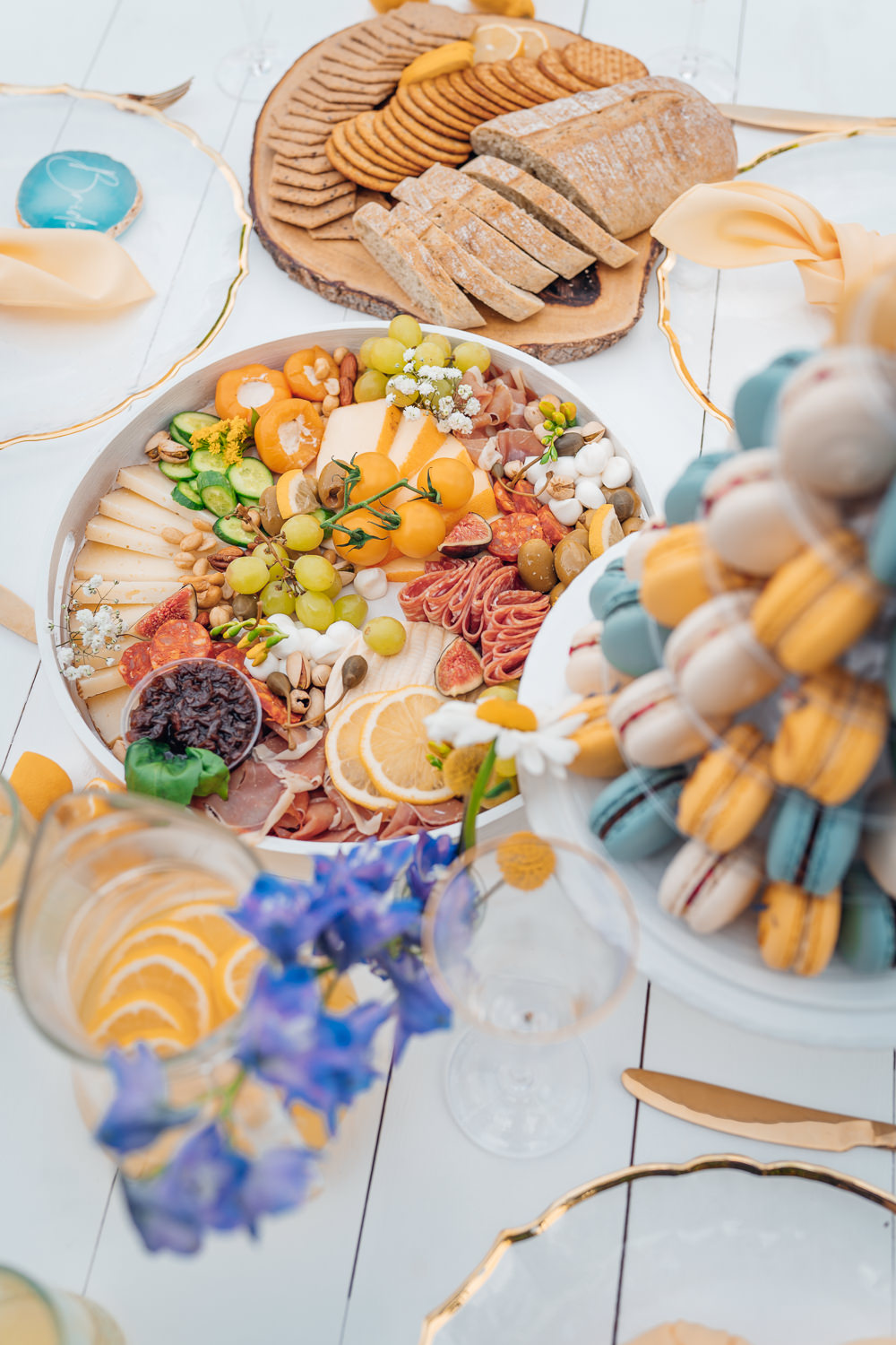 Picnic Feast Food Grazing Platter Sharing Plates Blue Yellow Wedding Ideas EmilyCollettPhotography