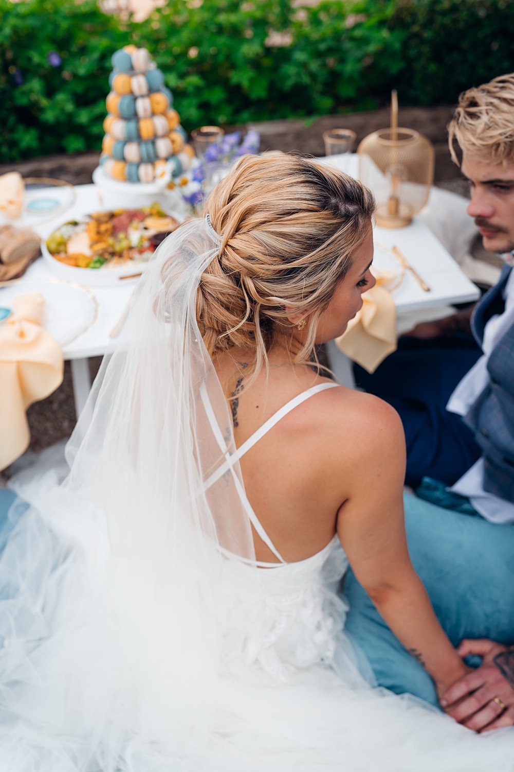 Bride Bridal Hairstyle Up Do Veil Blue Yellow Wedding Ideas EmilyCollettPhotography