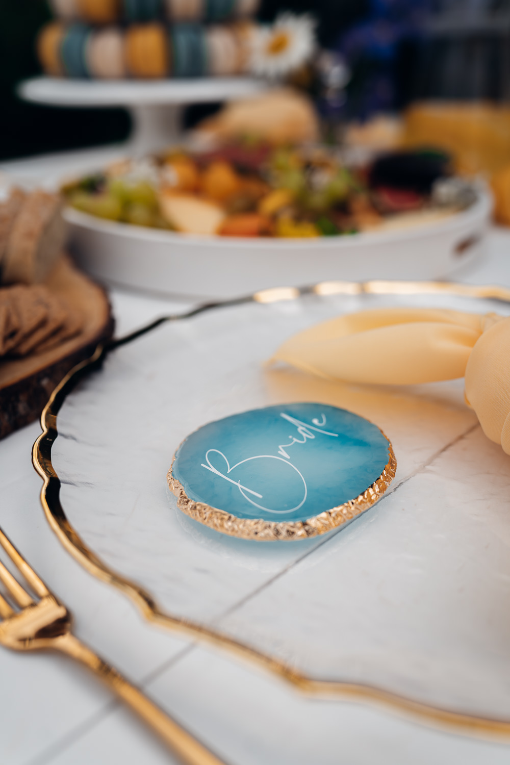 Knot Napkin Agate Place Name Blue Yellow Wedding Ideas EmilyCollettPhotography