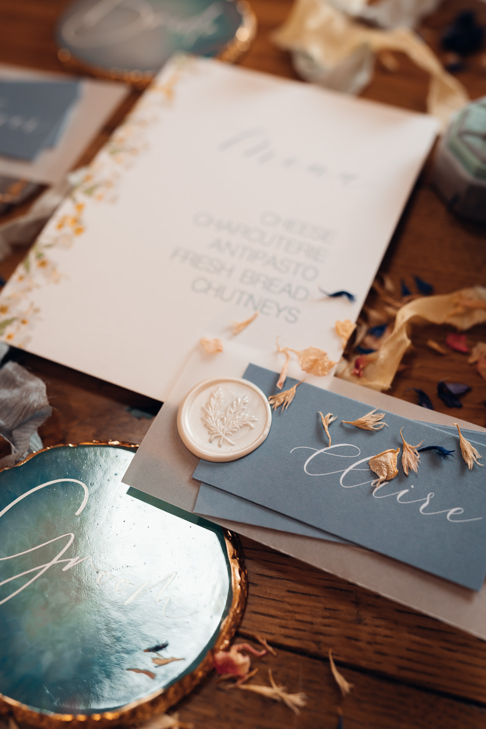 Stationery Wax Seal Calligraphy Blue Yellow Wedding Ideas EmilyCollettPhotography